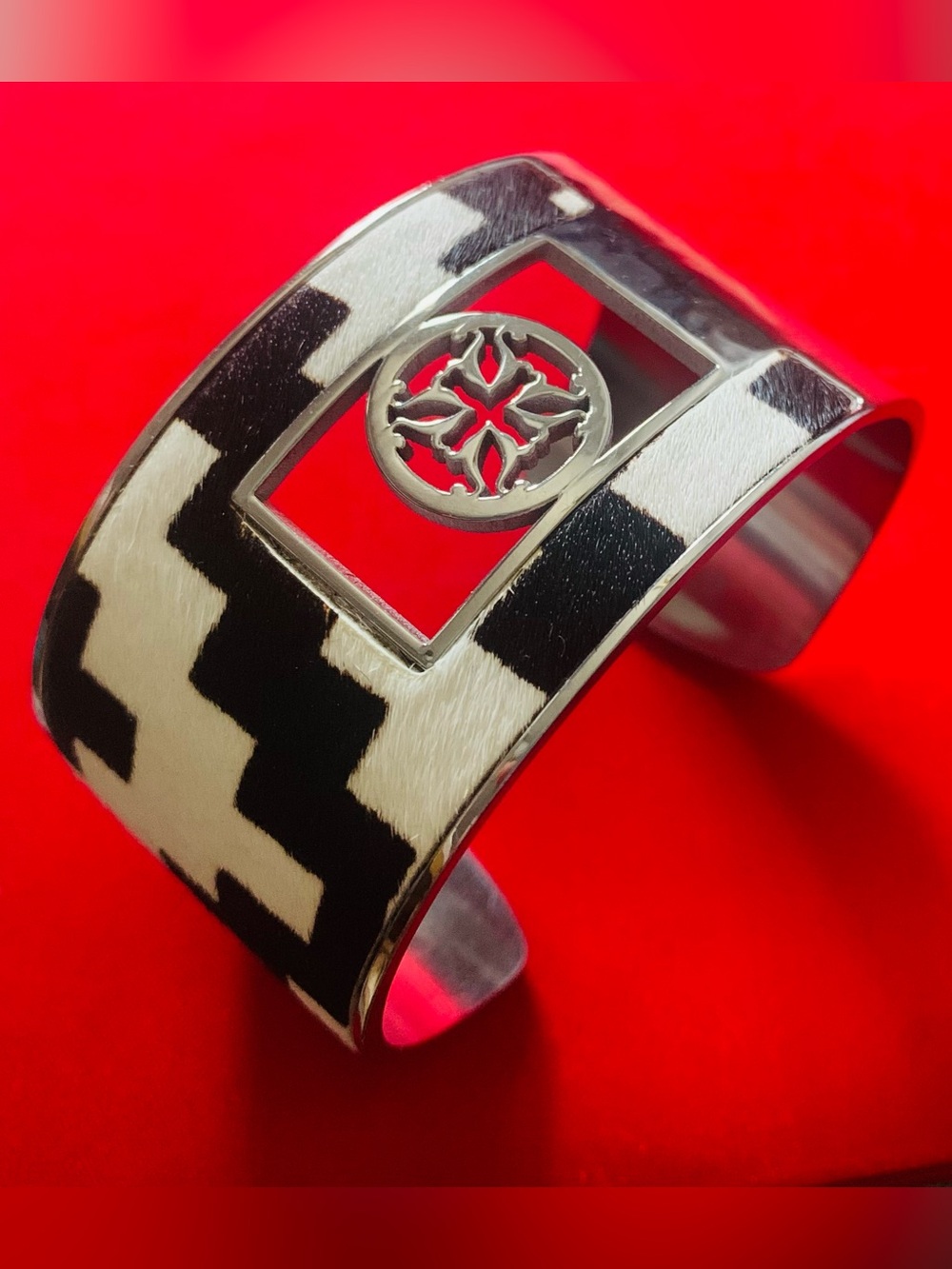 Rustic Cuff Silver and Black White Cowhide Graphic Cutout Cuff Bracelet